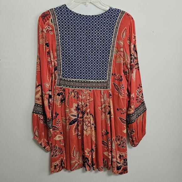 Anthropologie RD & Koko Embroidered Top Puff Sleeve Boho Hippie Orange Blue Med - Picture 5 of 9